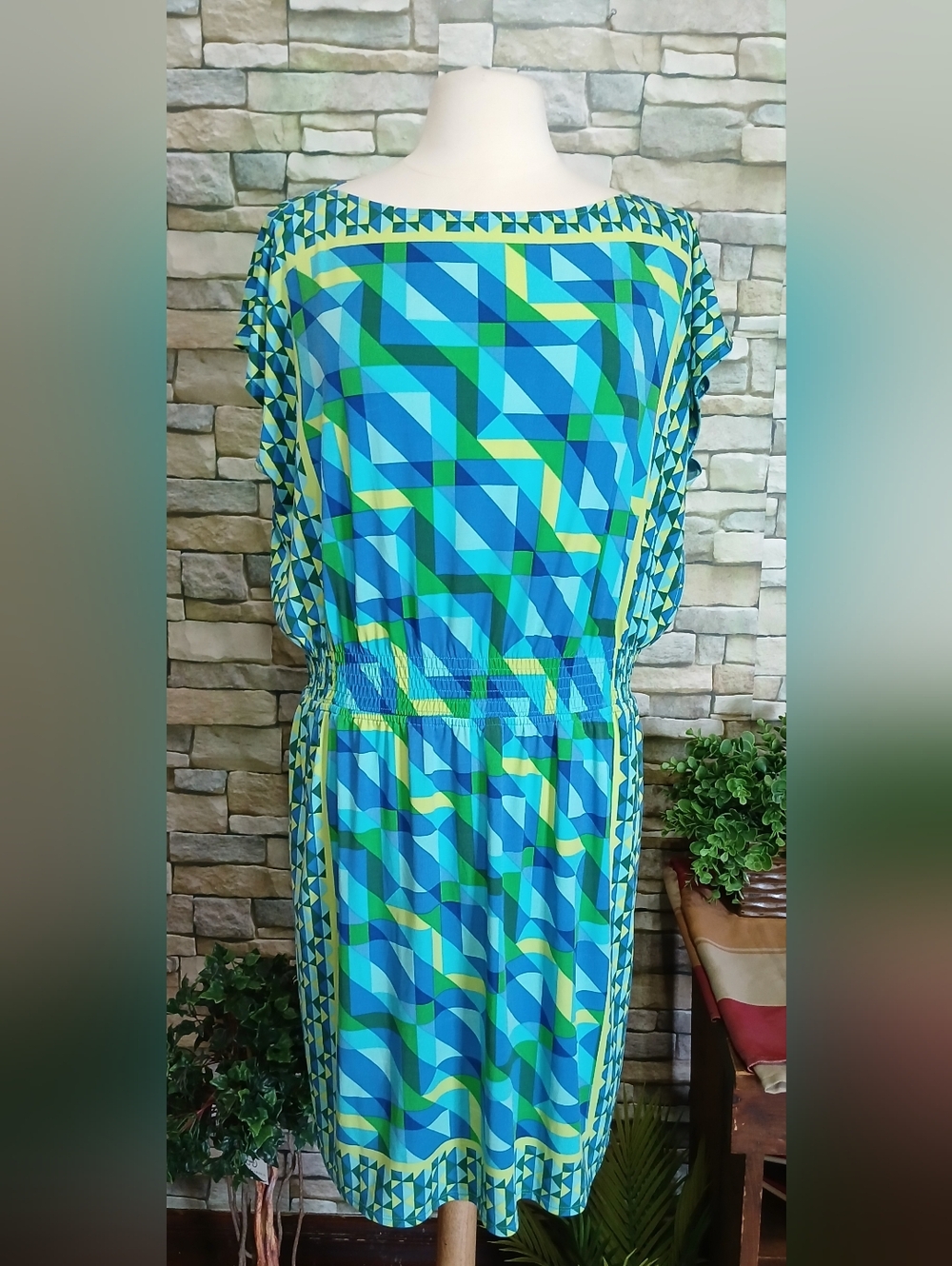 Roz & Ali Blue and Green Geometric Midi Dress Size 12